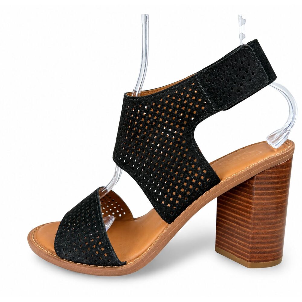Franco Sarto Delores Block Heel Sandals Perforated Suede Black Size 10 Office
